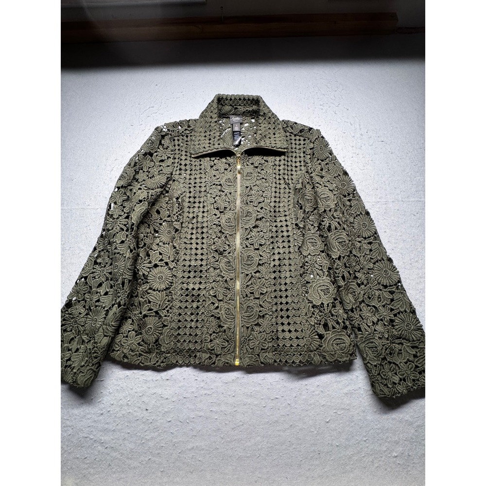 Chico's Jacket Womens 1 Green Travelers Collection Floral Guipure Lace Zip Up